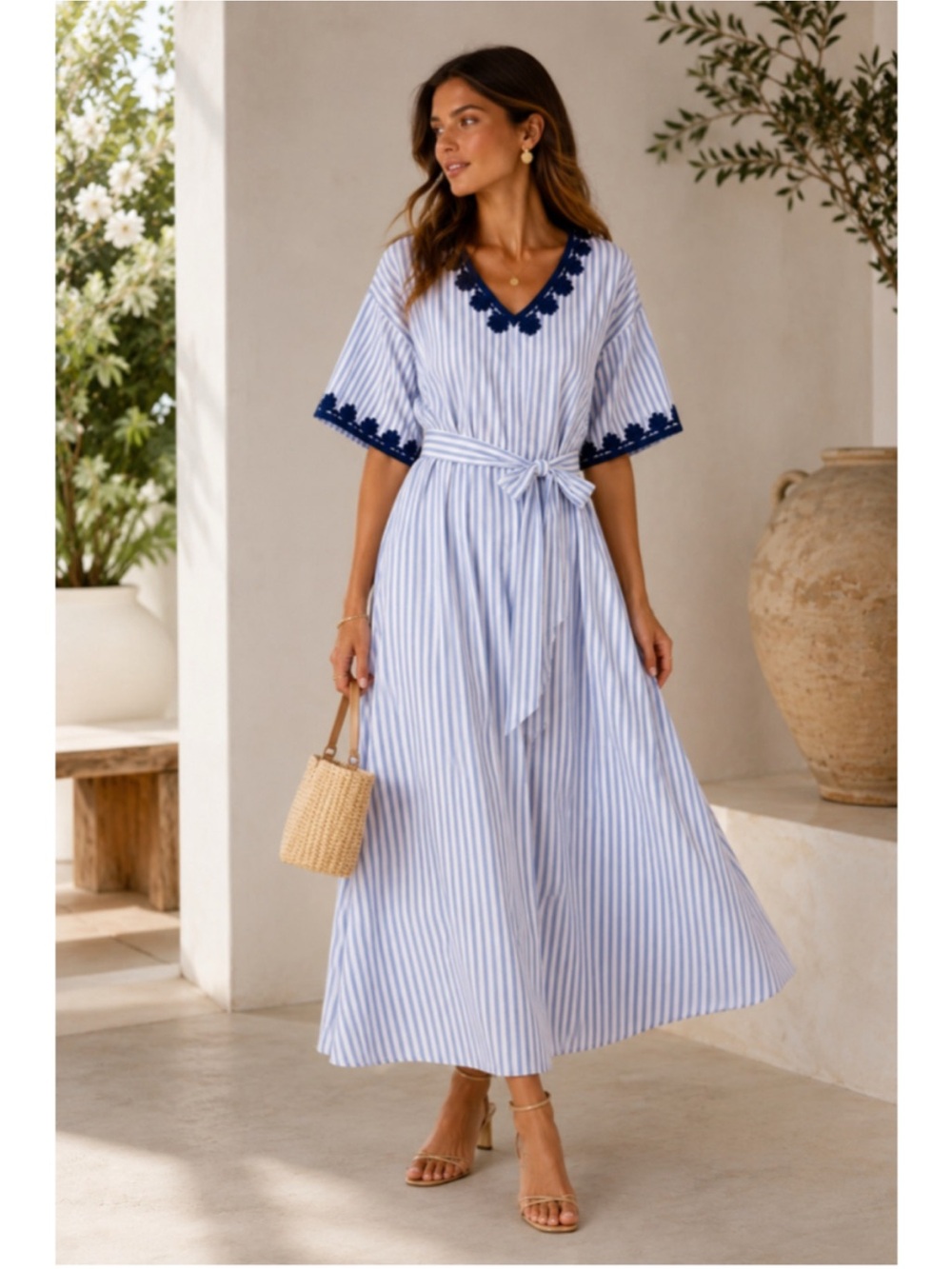 NWT Tuckernuck Blue & White Stripe Embroidered Caftan Women’s XXL *no tie waist